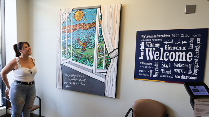 
                         Community & Partnerships                                                    - 
                          Artist Jaylene Cardinal (W.C. Creatives) reveals her piece The Choice to See as part of the Indigenous Spaces and Places Initiative at Queen's Family Medicine                                                    